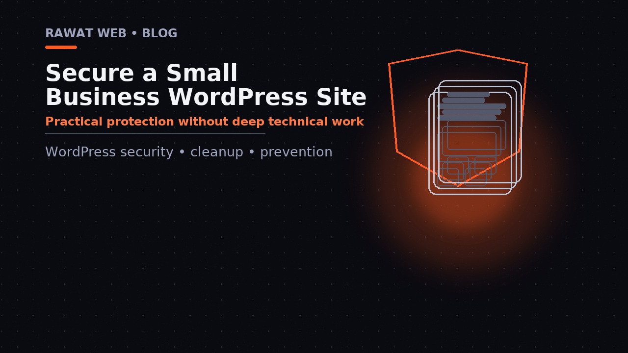 Editorial illustration: an orange shield protecting a website panel on a dark background. Topic: how to secure a small business WordPress website.