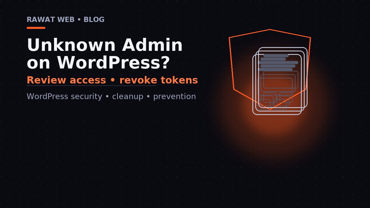 Editorial illustration of a WordPress access panel highlighting an administrator account that needs an audit and verification.