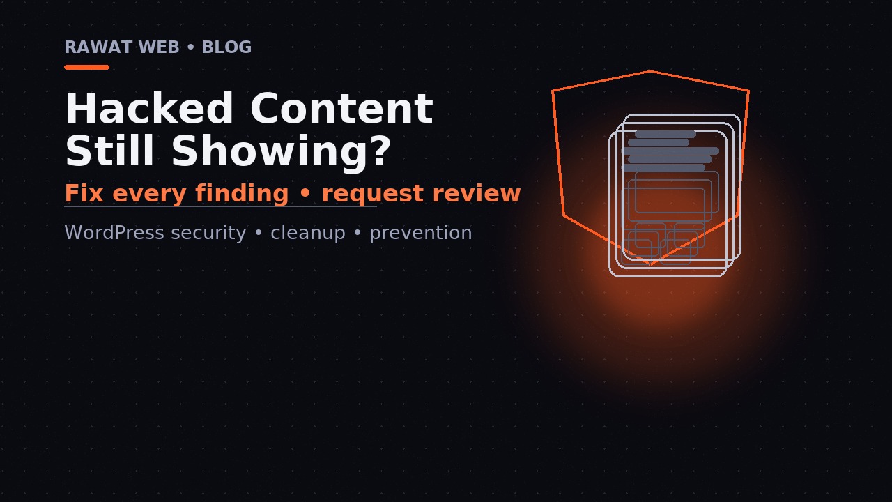 Editorial illustration of a Search Console security report with cleanup checks, about requesting a hacked-content review after a website is cleaned.