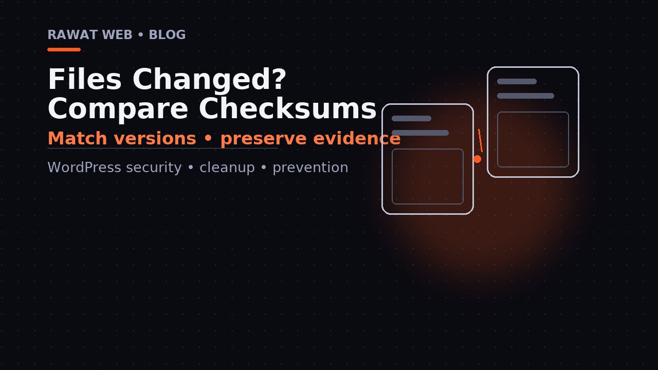 Two WordPress file cards connected by an orange comparison line, illustrating an integrity check after an incident.