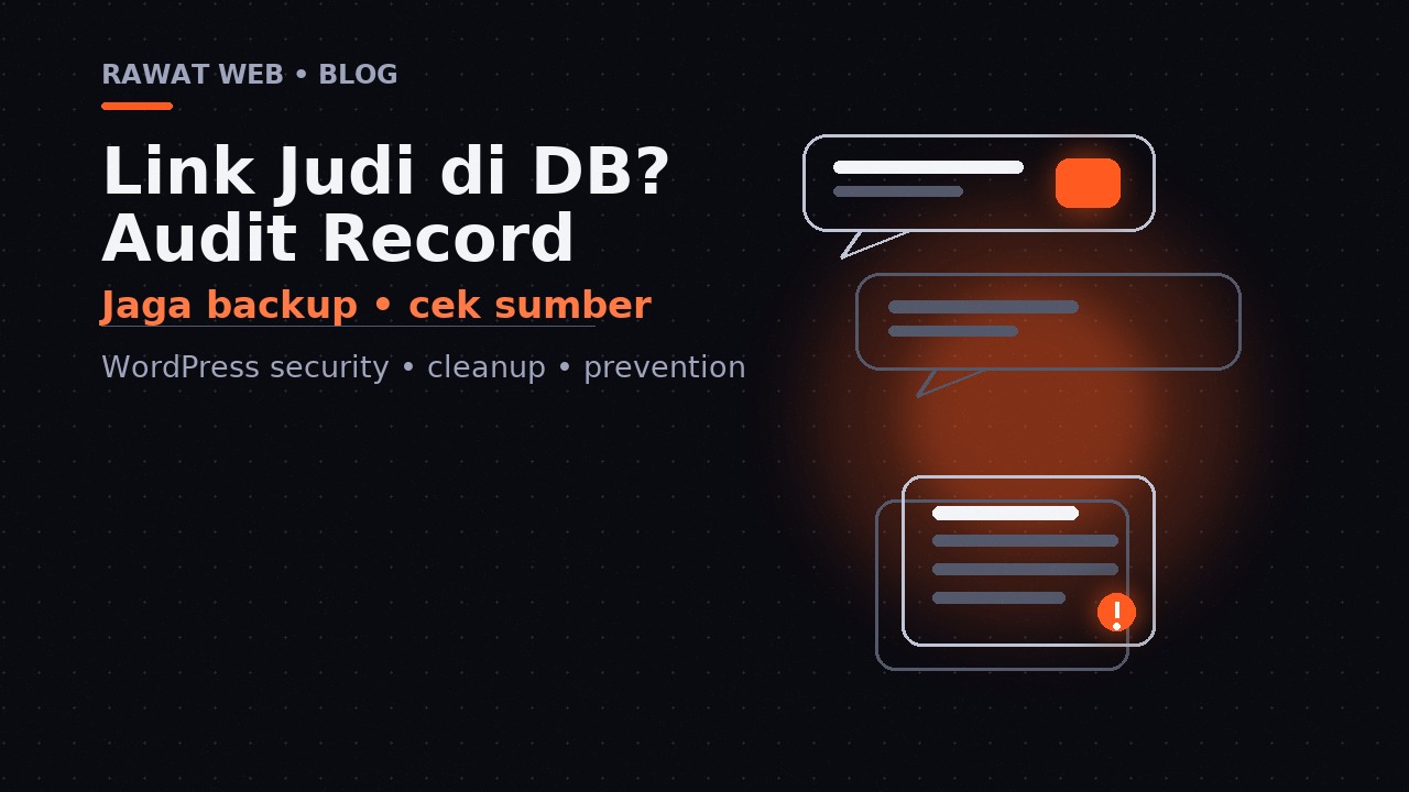 Ilustrasi editorial kartu spam dan dokumen database bergaris dengan tanda peringatan oranye, menggambarkan audit link judi WordPress yang hati-hati.