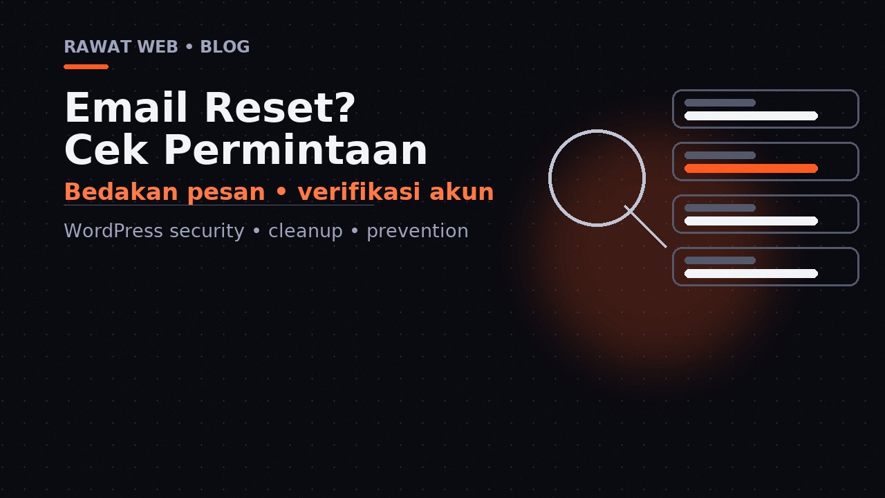 Ilustrasi kaca pembesar dan kartu notifikasi yang mewakili pemeriksaan email reset WordPress tanpa mengklik tautan yang mencurigakan.