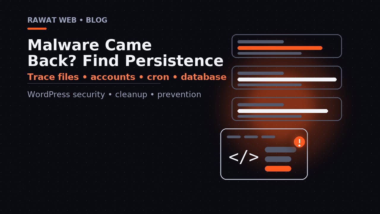 Editorial map of WordPress files, accounts, cron events, and database checks used to locate malware persistence.