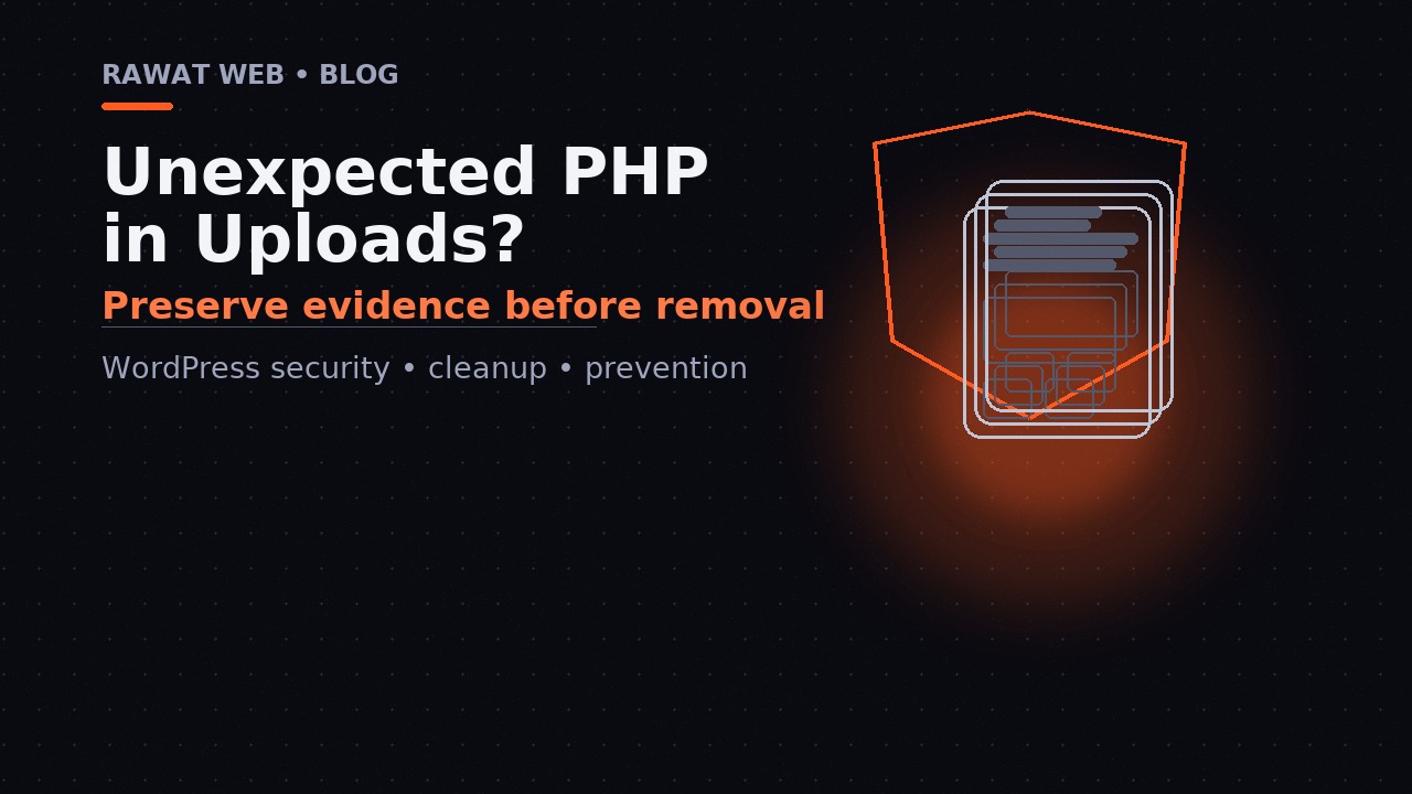 Editorial checklist for reviewing an unexpected PHP file in WordPress uploads and preventing script execution.