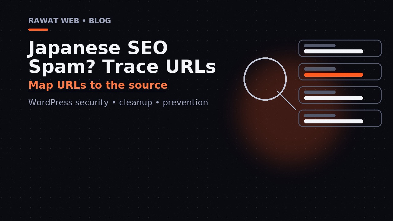 Editorial magnifier highlighting one suspicious search result among several, illustrating an investigation into Japanese SEO spam.