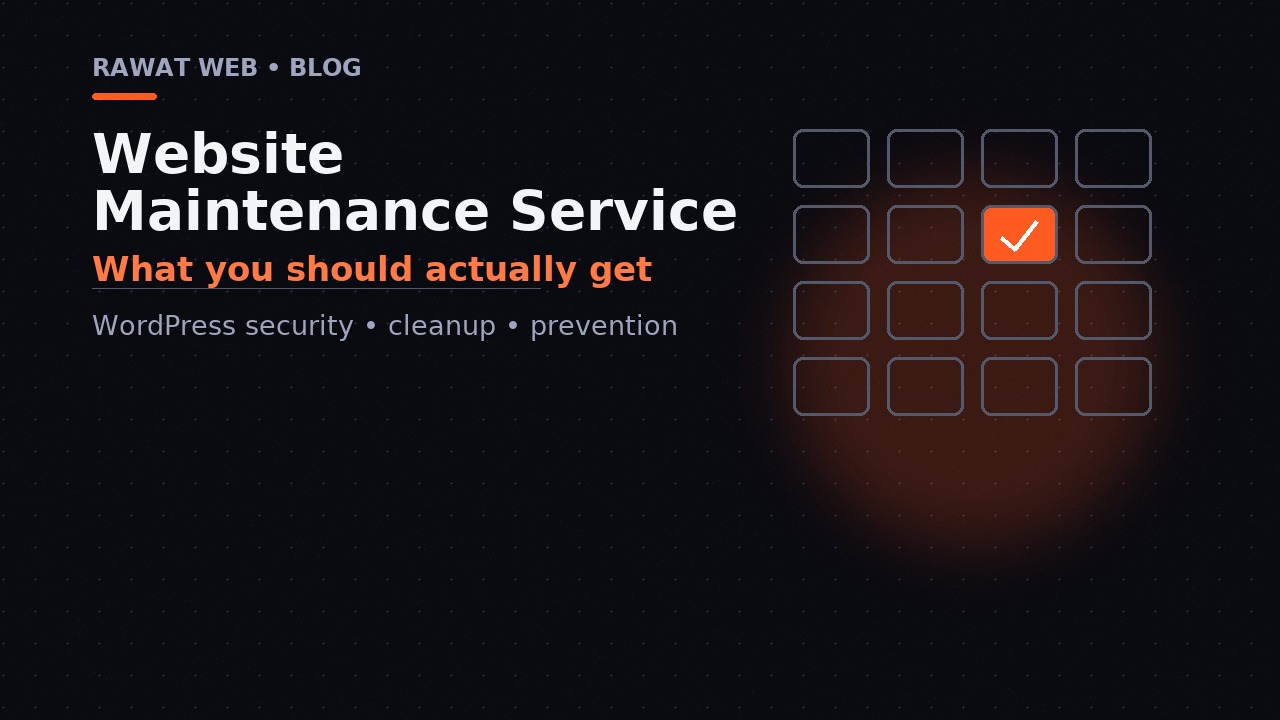 Editorial illustration: a thin-lined browser window with a glowing orange wrench at its corner. Topic: website maintenance services.