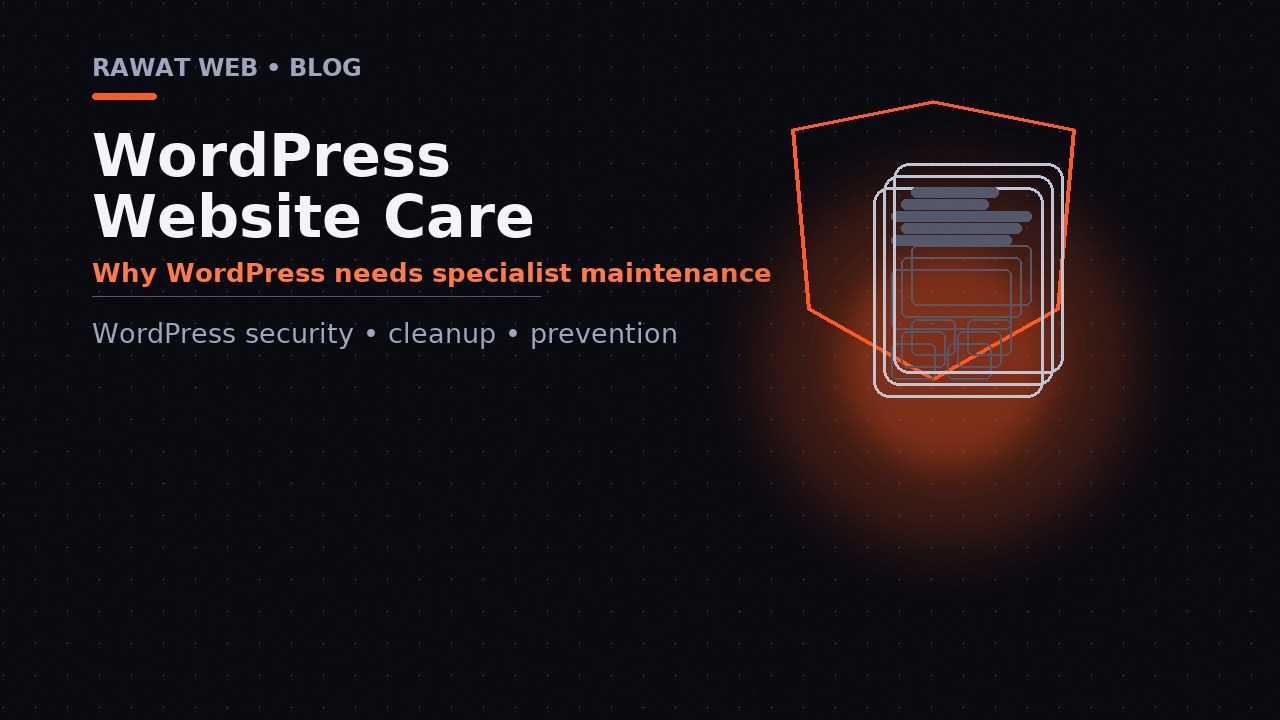 Editorial illustration: a row of thin-lined module blocks with one glowing orange block being installed. Topic: WordPress website maintenance service.