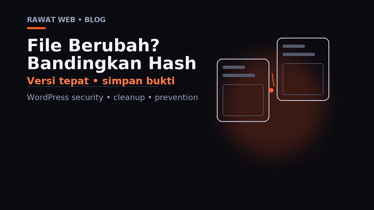 Ilustrasi dua kartu file WordPress yang dibandingkan dengan garis oranye untuk menunjukkan pemeriksaan integritas setelah insiden.