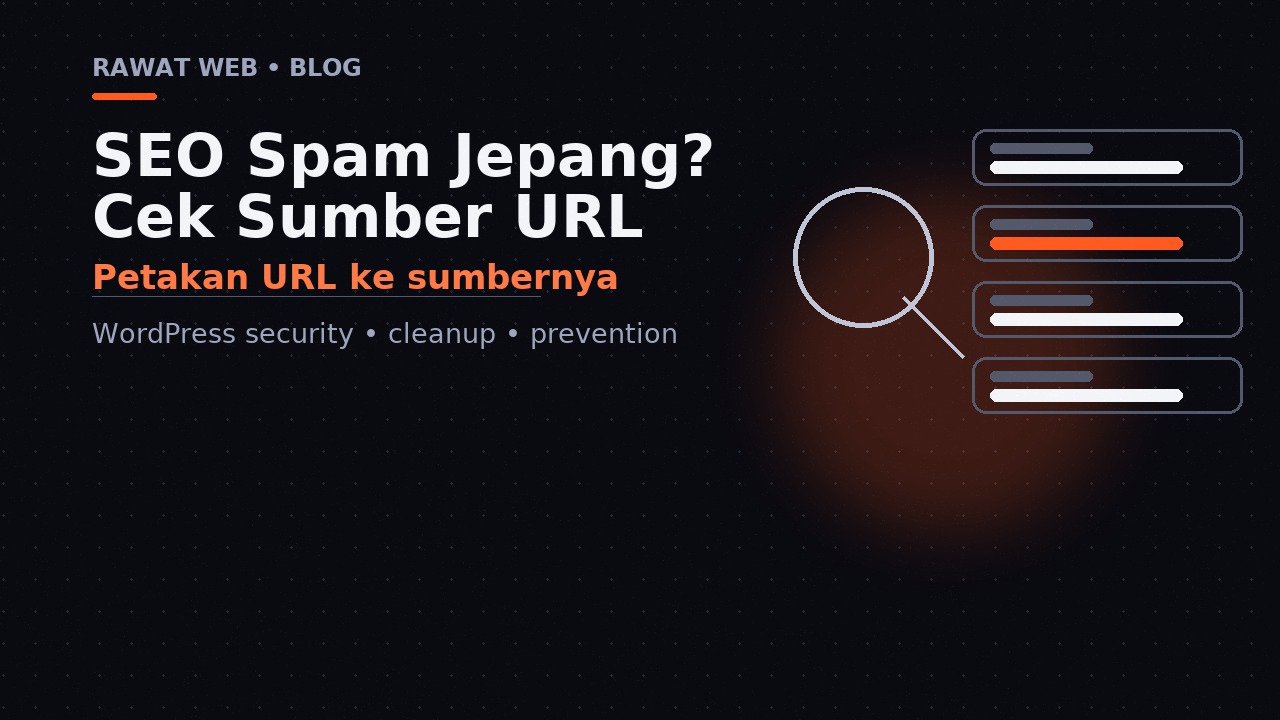 Ilustrasi kaca pembesar yang menyorot satu hasil pencarian mencurigakan di antara beberapa hasil lain, tentang pemeriksaan Japanese SEO spam.