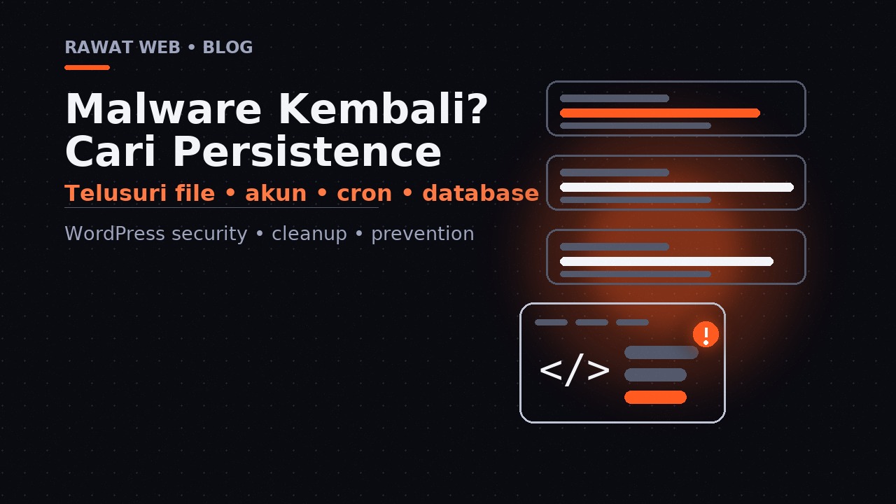 Ilustrasi editorial peta pemeriksaan file, akun, cron, dan database untuk menemukan persistence malware WordPress.