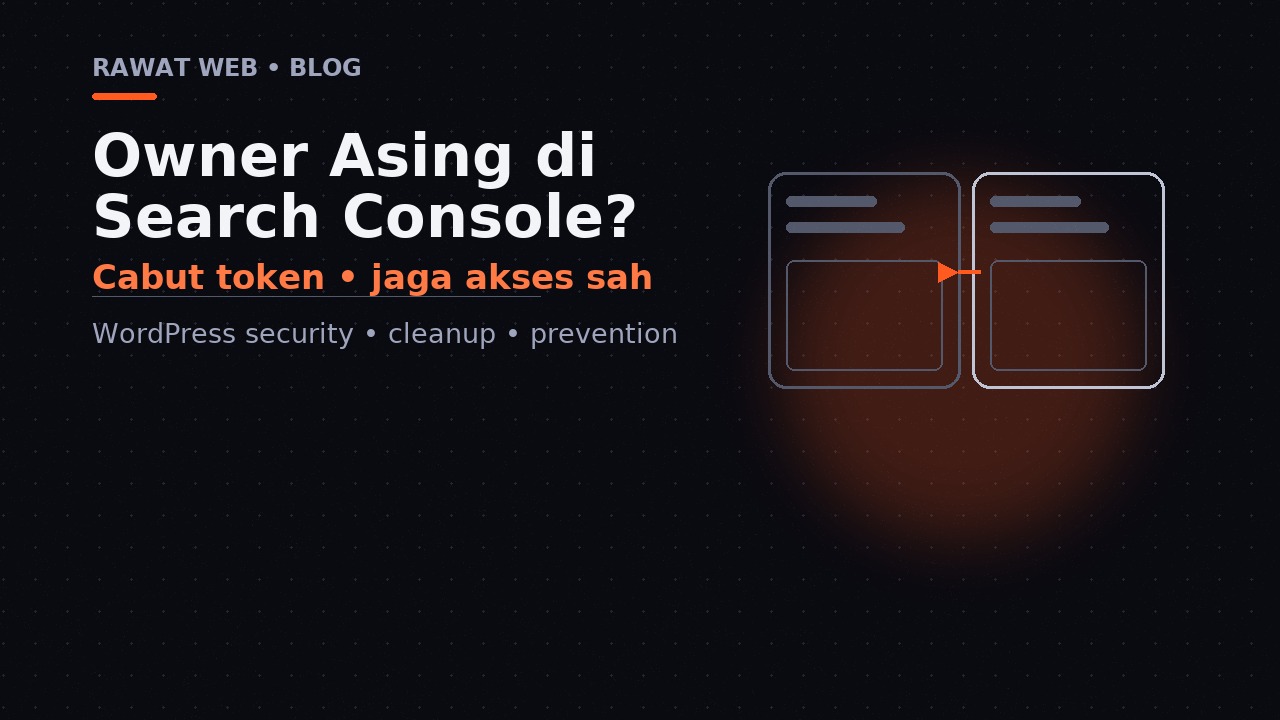 Ilustrasi dua kartu akses Search Console dengan panah perpindahan, menggambarkan pemeriksaan owner dan token verifikasi yang tidak dikenal.