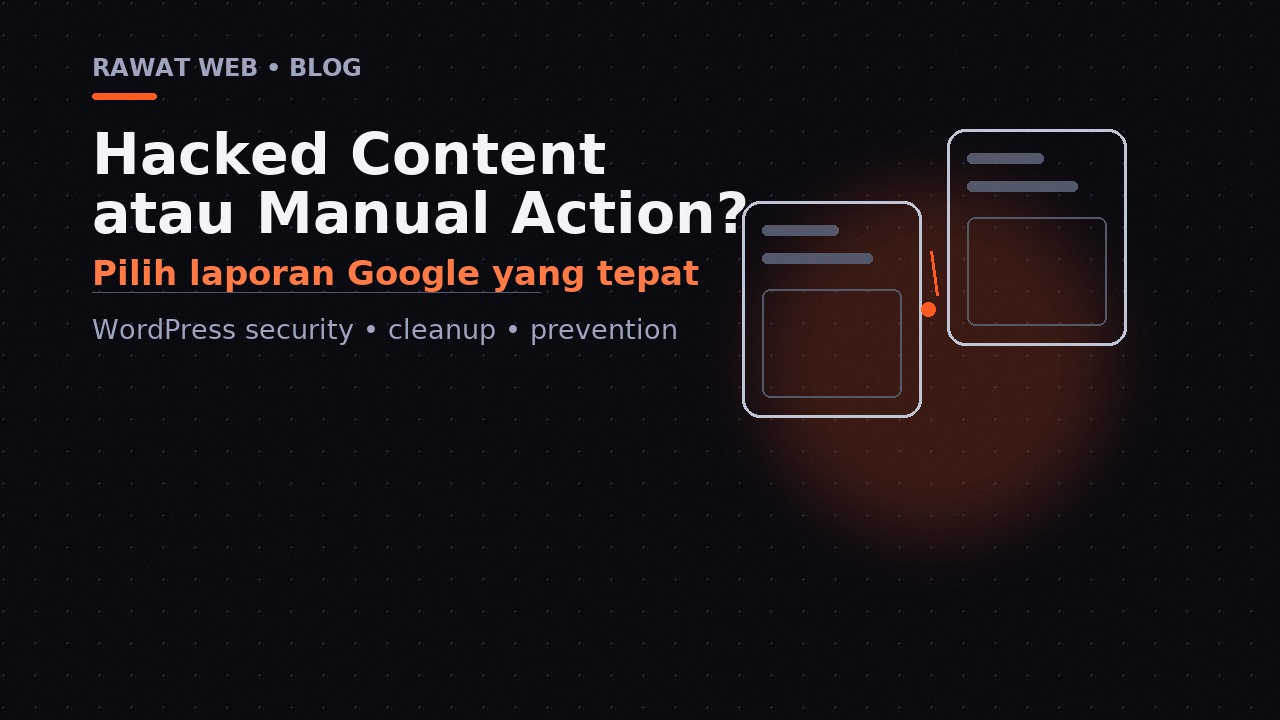 Ilustrasi editorial tiga panel yang membedakan laporan Security Issues, Manual Actions, dan peringatan browser Safe Browsing.
