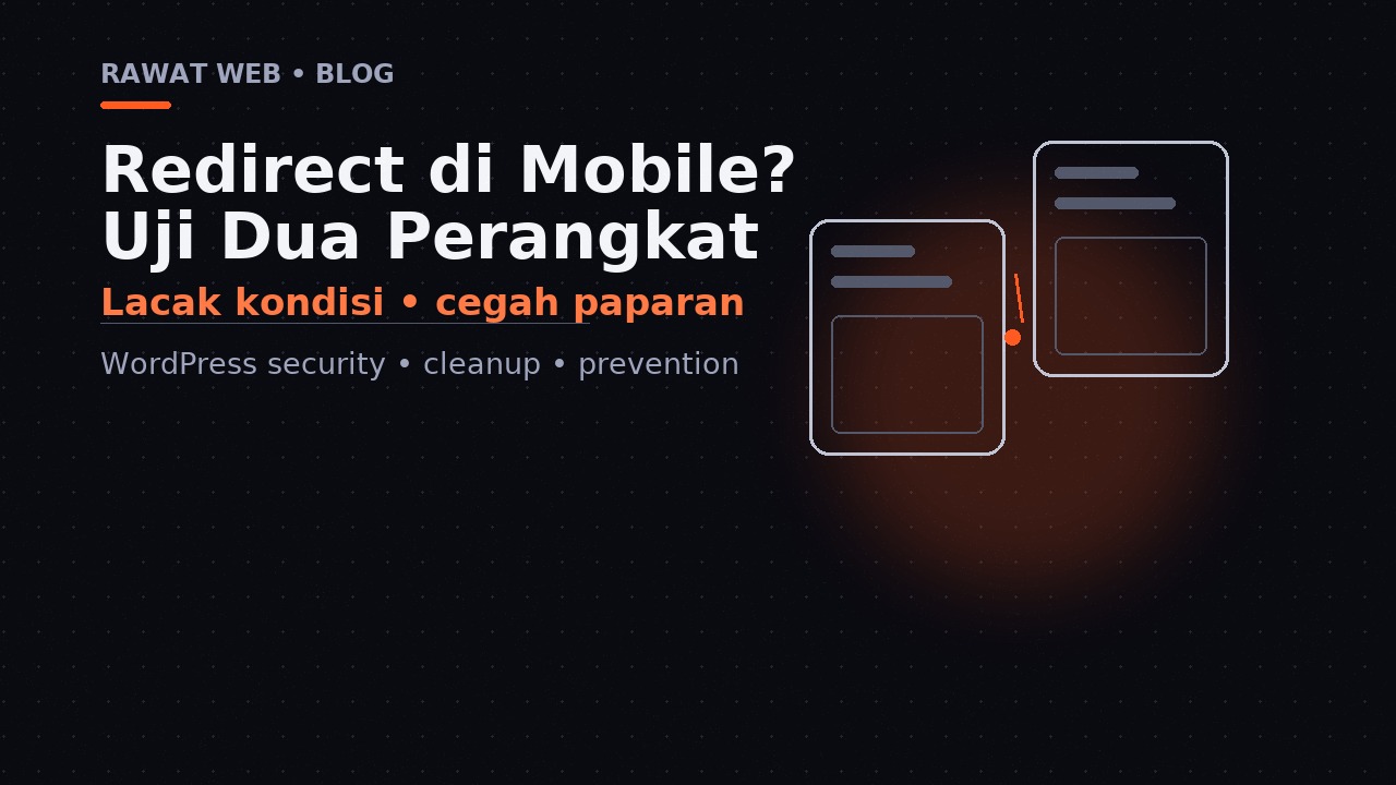 Ilustrasi editorial perbandingan respons desktop dan perangkat mobile untuk menelusuri redirect WordPress berdasarkan user-agent.
