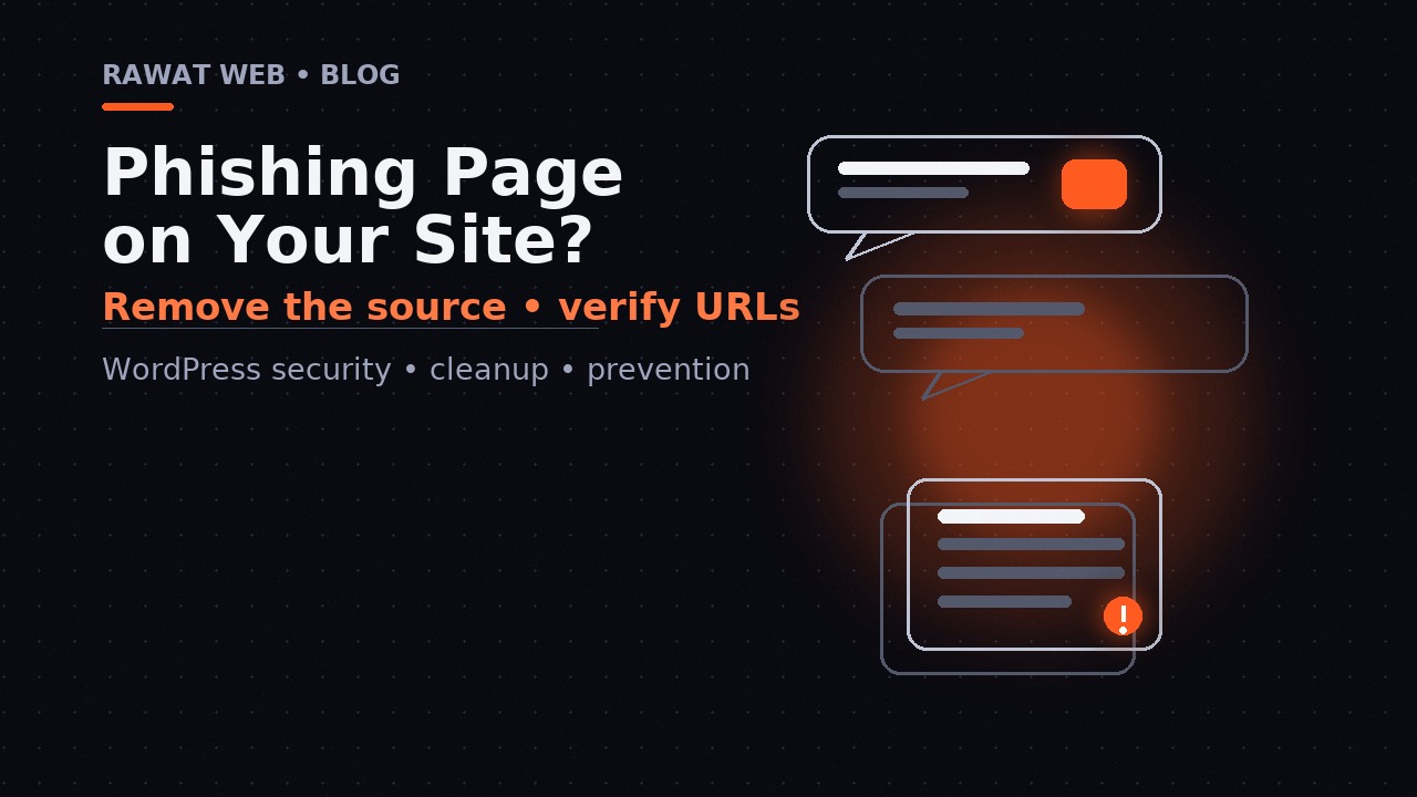 Editorial illustration of a phishing page isolated from a WordPress site while its source and URL are investigated.