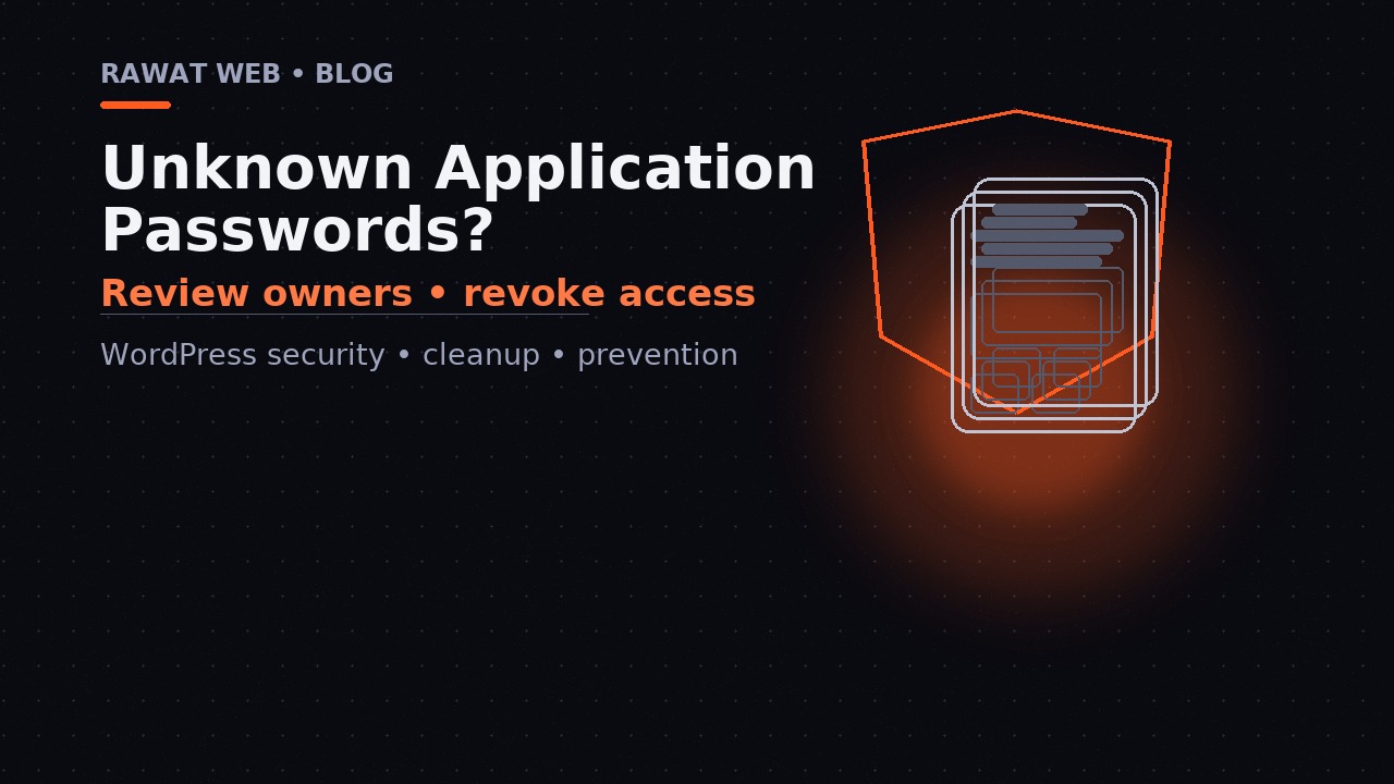 Editorial illustration of a shield and access cards representing a review of WordPress Application Passwords before revoking an unauthorized token.