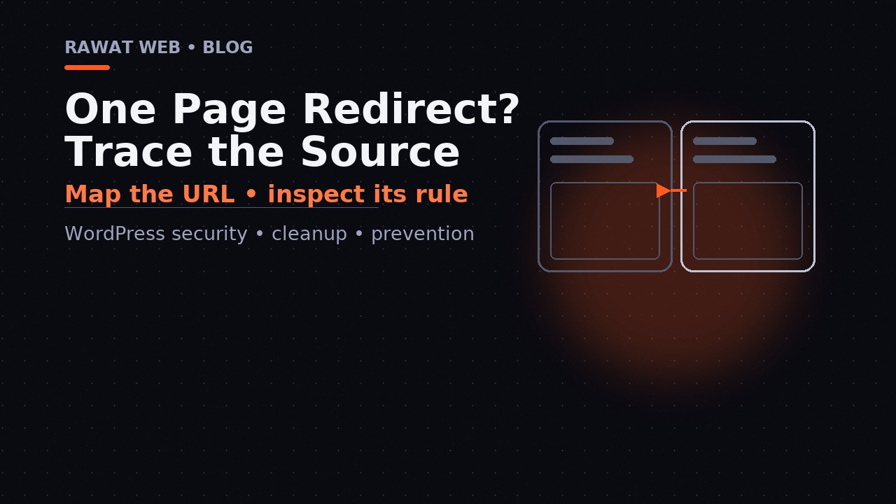 Editorial illustration of two web-page cards connected by an orange arrow to represent a redirect from one page to another domain.