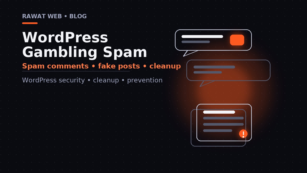 Editorial illustration: dark comment bubbles and post cards with warning icon, titled WordPress Gambling Spam.