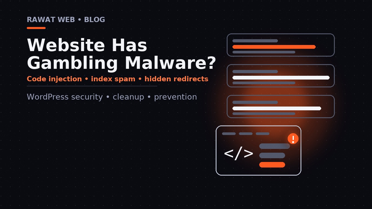 Editorial illustration: dark-themed search results and code panel with warning icon, titled Website Has Gambling Malware?.