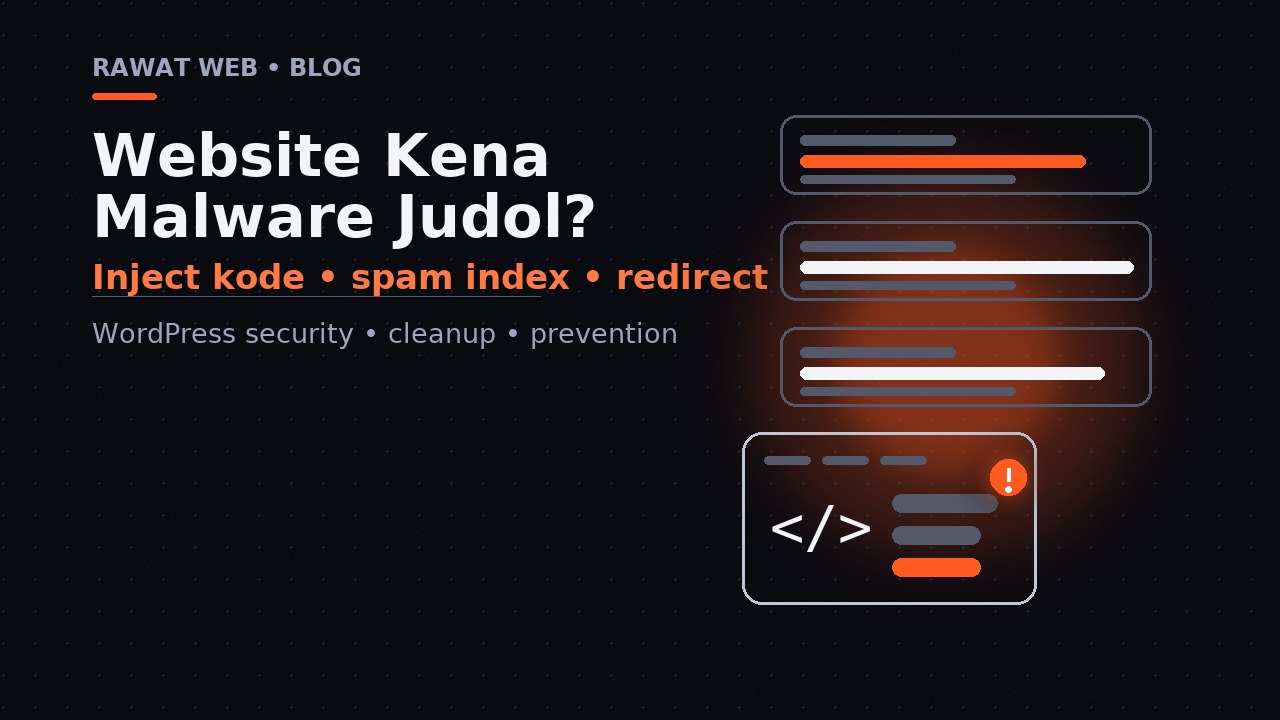 Ilustrasi editorial: panel kode dan hasil pencarian bergaya gelap dengan judul Website Kena Malware Judol?.