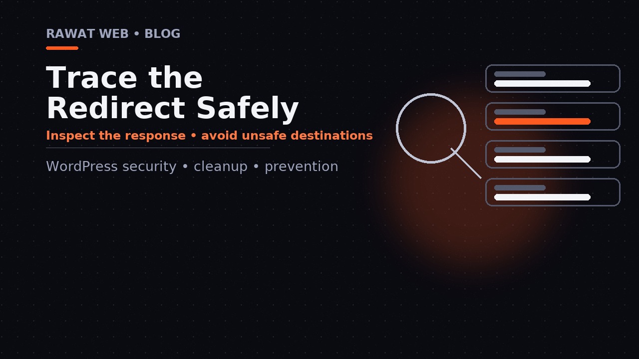 Editorial diagram showing a controlled request, Referer header, and safe inspection of a WordPress redirect response.