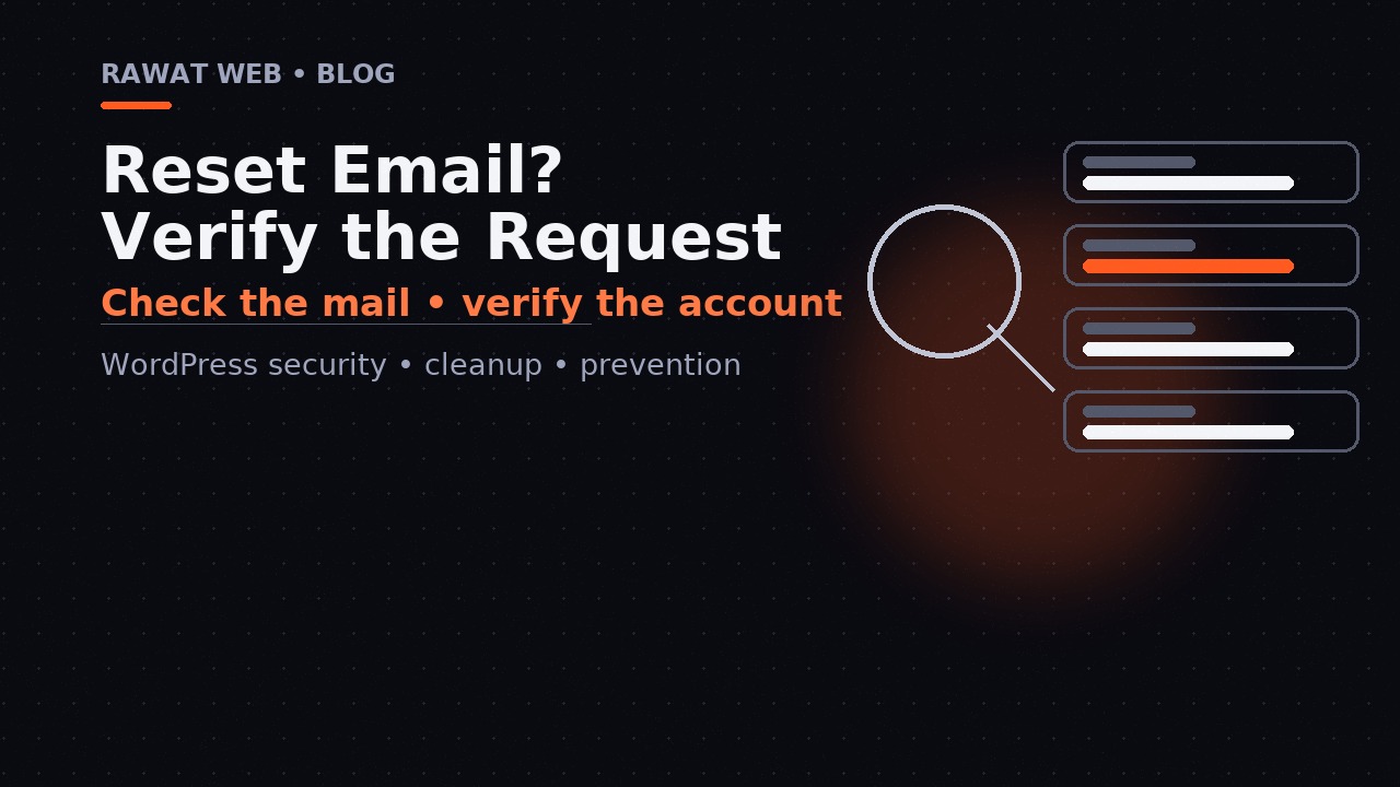A magnifying glass and notification cards illustrating a review of an unexpected WordPress reset email without opening a suspicious link.