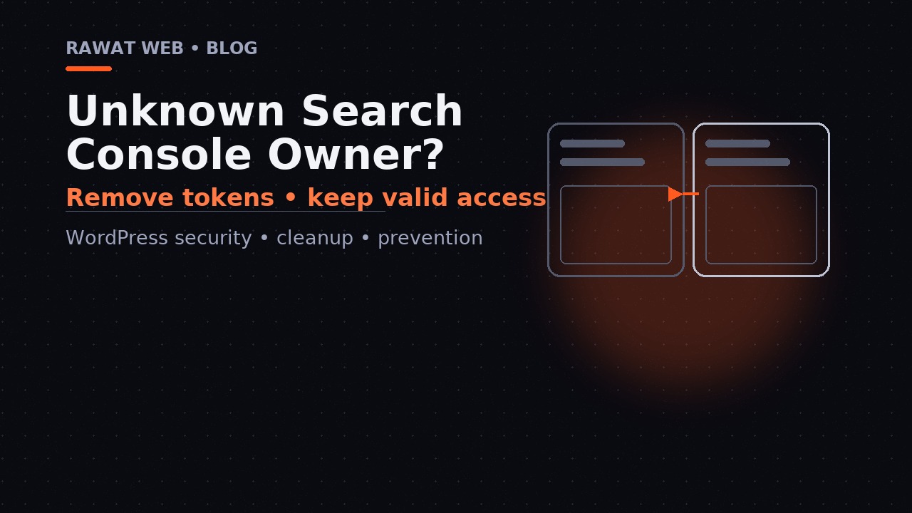 Two Search Console access cards connected by an arrow, illustrating a review of an unknown owner and verification token.