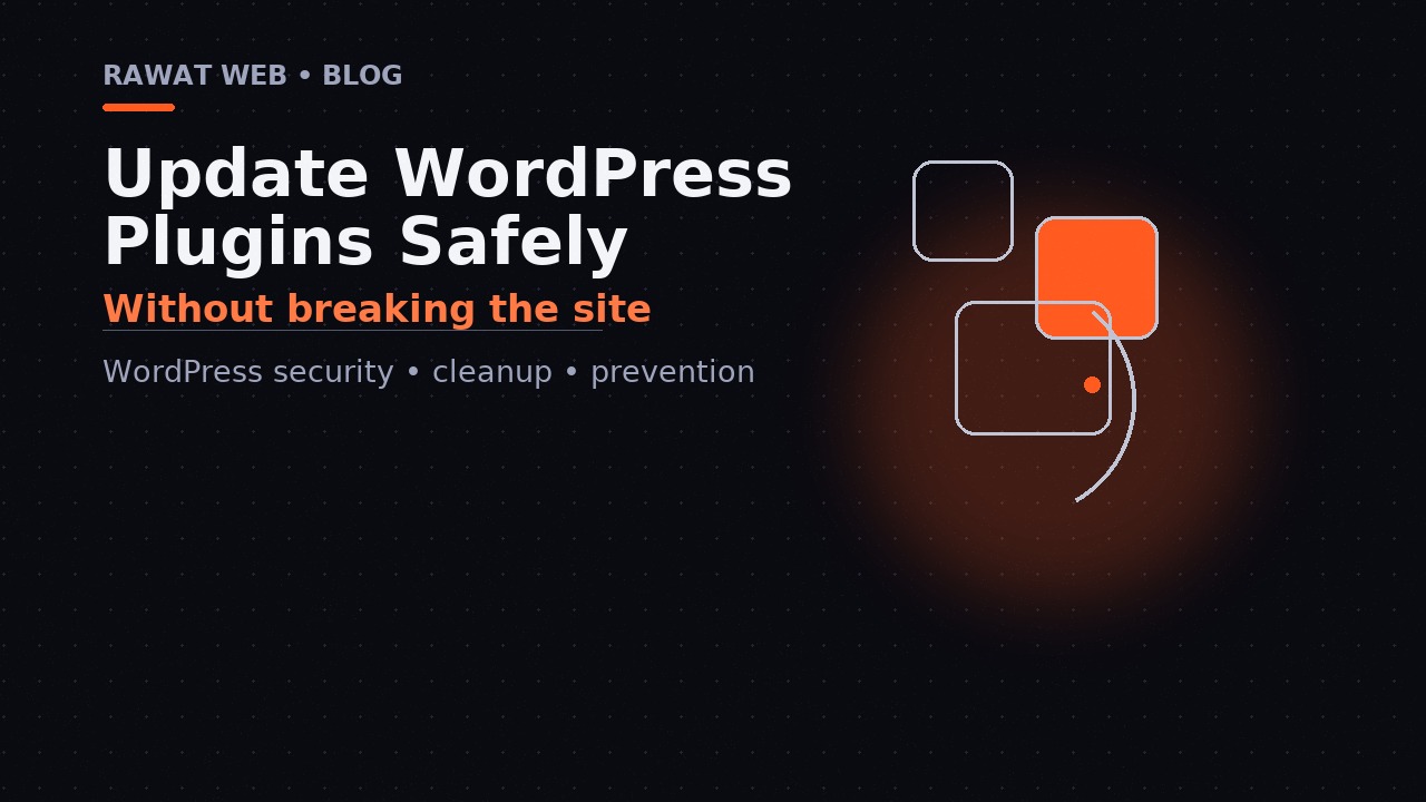 Editorial illustration: stacked modules with one orange module and a return path. Topic: how to update WordPress plugins safely.