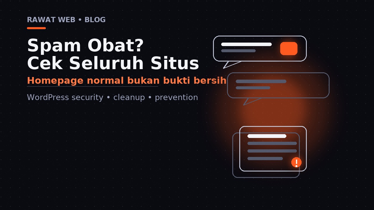 Ilustrasi editorial homepage WordPress yang tampak normal dibanding URL spam obat tersembunyi yang diperiksa melalui log dan database.