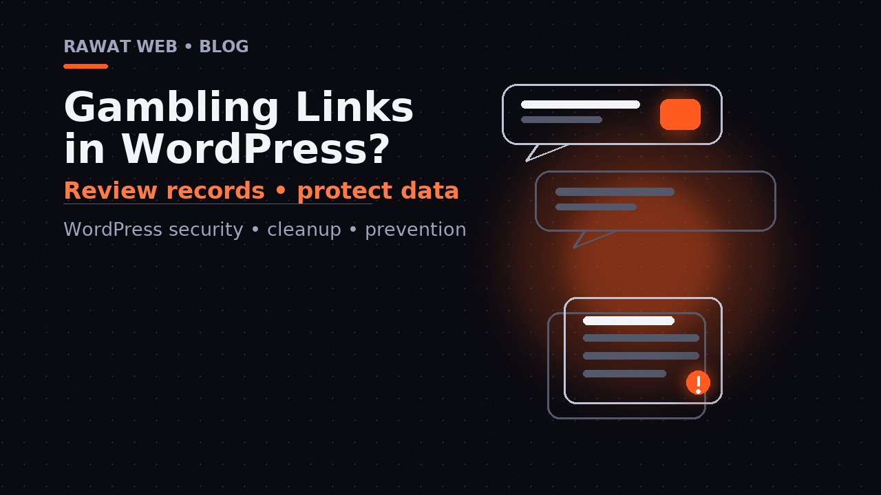 Editorial illustration of spam-message cards and a database-style document with an orange warning mark, representing a careful audit of gambling links.