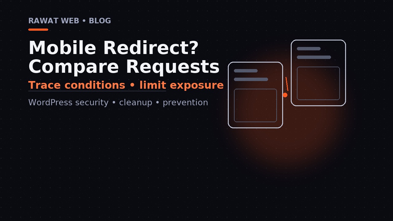 Editorial illustration comparing desktop and mobile responses to trace a WordPress redirect based on user agent.