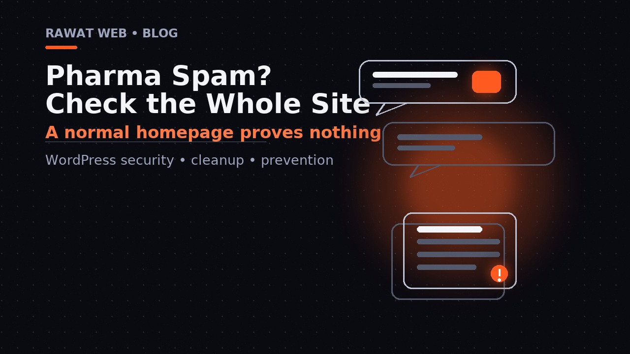 Editorial comparison of a normal-looking WordPress homepage and hidden pharmacy spam URLs found through logs and database checks.