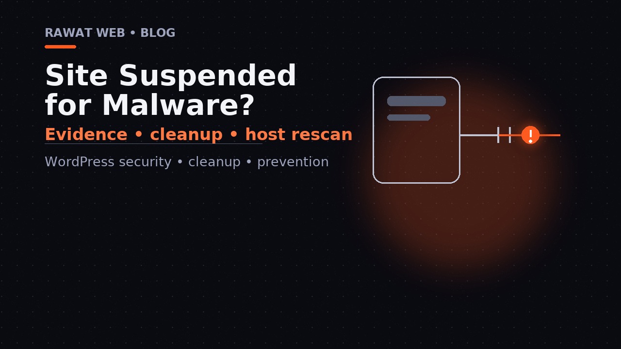 Editorial illustration of a quarantined website panel and a staged recovery path after a host detects malware.